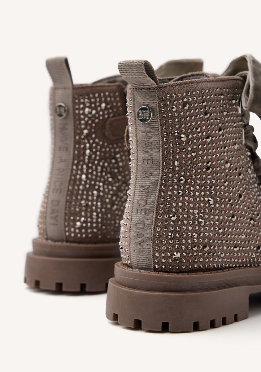 Finchley Taupe Glitter Rhinestone Boots with Velvet Laces & Track Sole