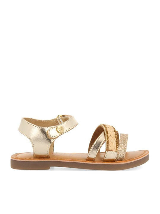 Gioseppo Girls' Gold Leather Rhinestone Sandals with Adjustable Velcro Strap