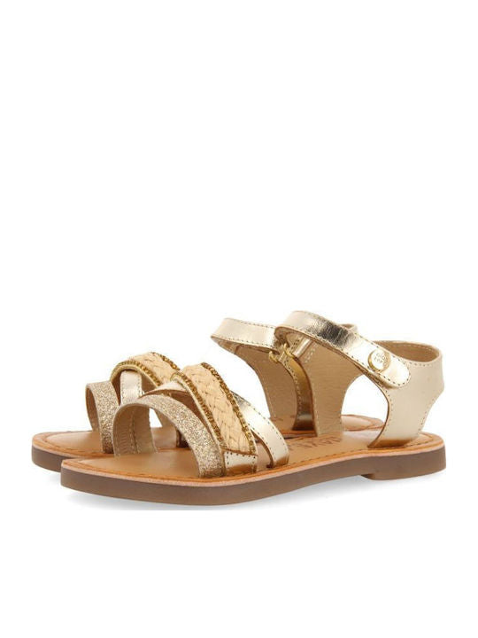 Gioseppo Girls' Gold Leather Rhinestone Sandals with Adjustable Velcro Strap