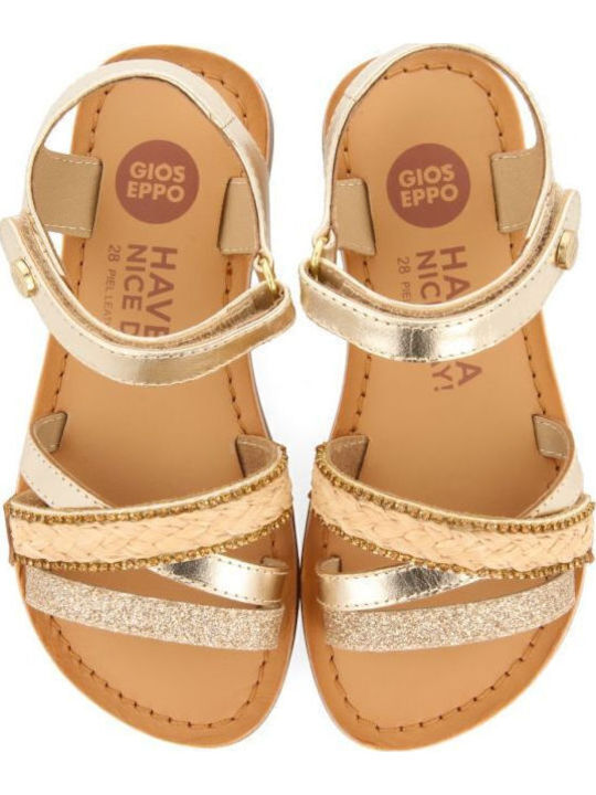 Gioseppo Girls' Gold Leather Rhinestone Sandals with Adjustable Velcro Strap