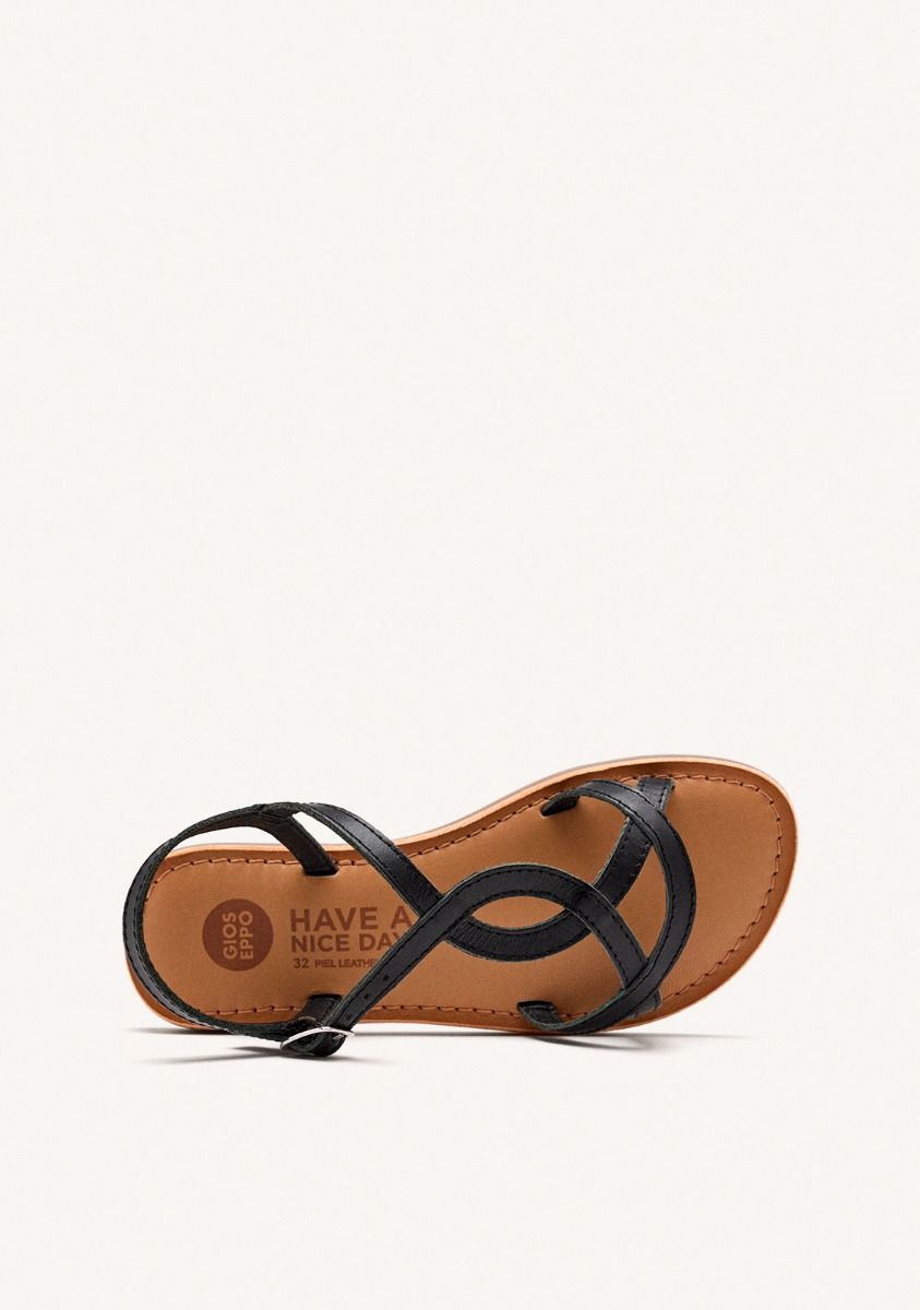Vareza Girls' Metallic Black Leather Sandals with Adjustable Heel Strap