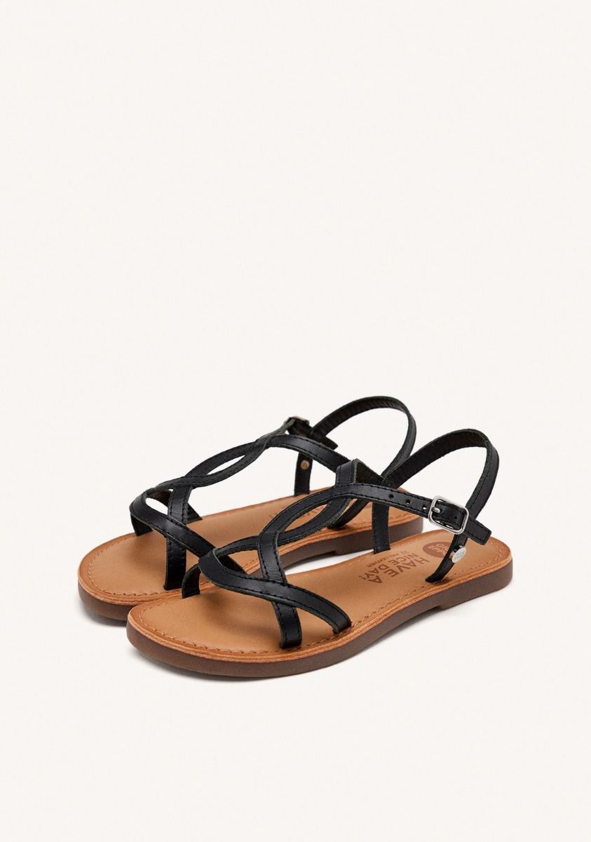 Vareza Girls' Metallic Black Leather Sandals with Adjustable Heel Strap