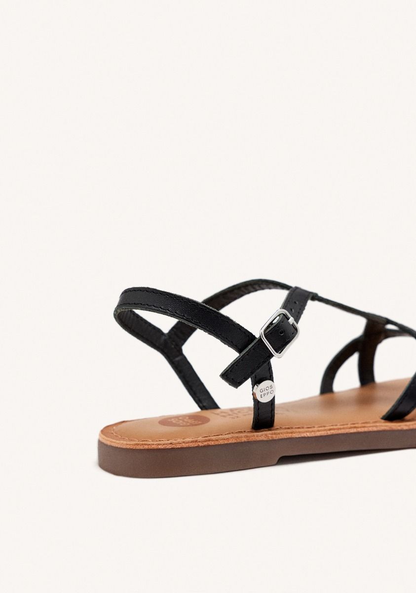 Vareza Girls' Metallic Black Leather Sandals with Adjustable Heel Strap