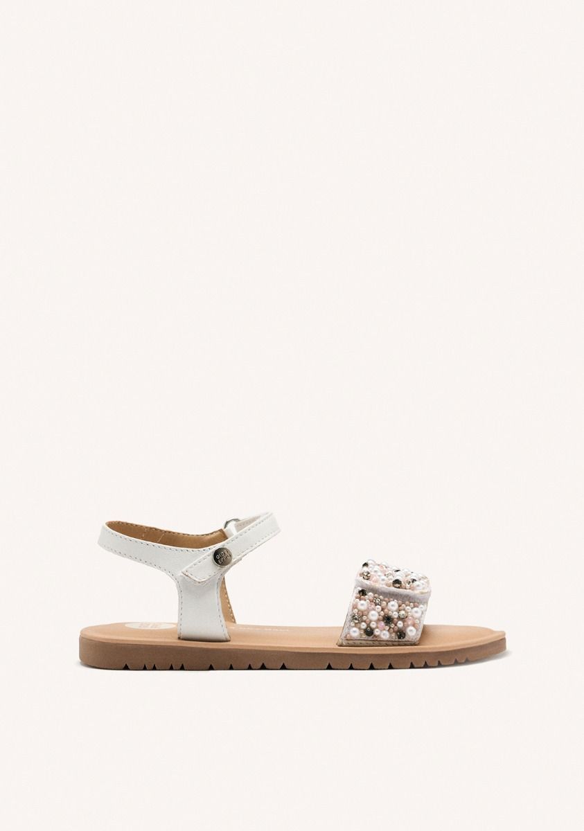 Gioseppo Kids' White Leather Beaded Sandals - Adjustable Straps, Padded Sole