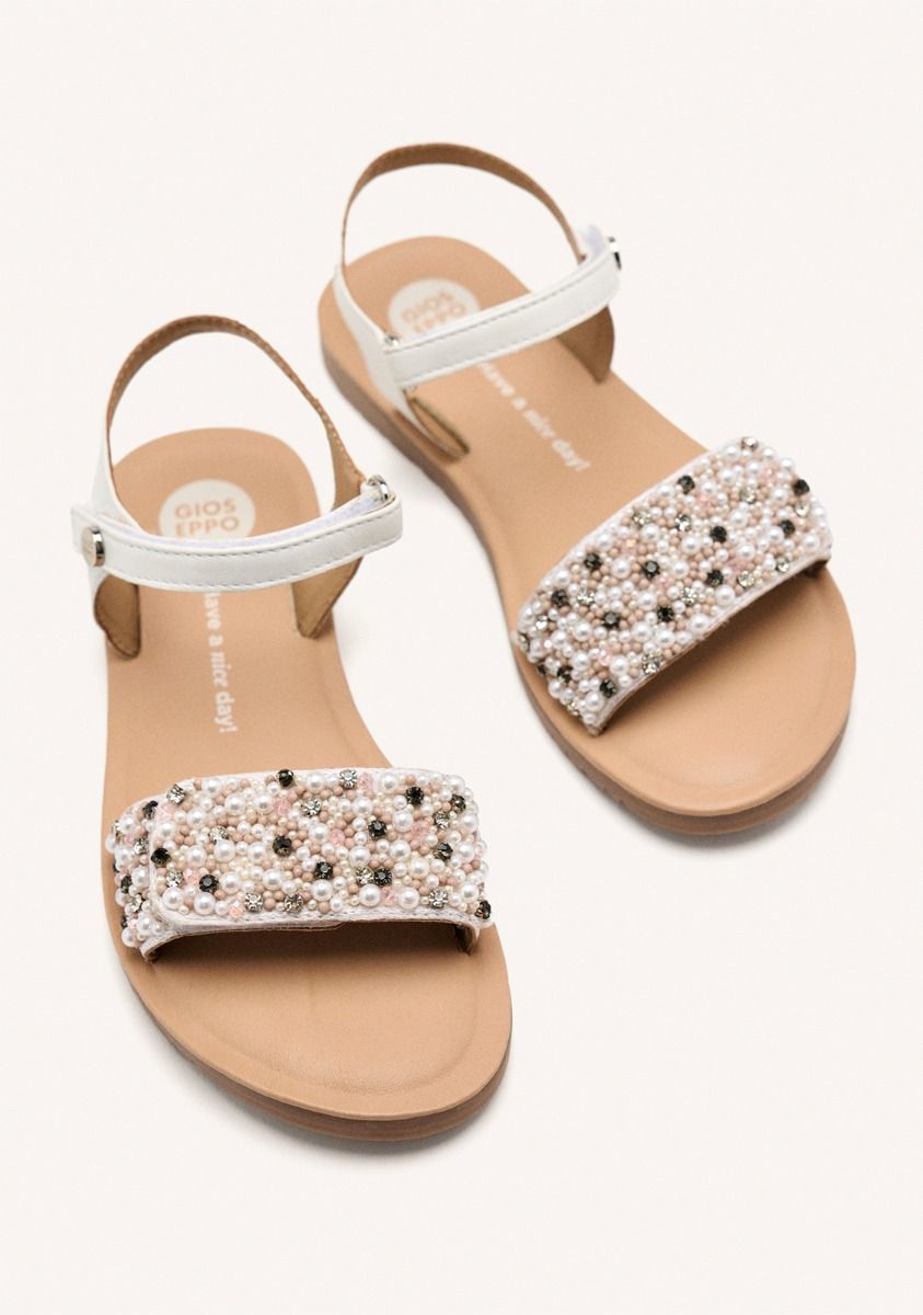 Gioseppo Kids' White Leather Beaded Sandals - Adjustable Straps, Padded Sole