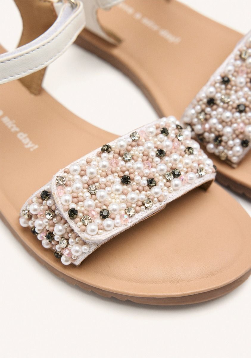 Gioseppo Kids' White Leather Beaded Sandals - Adjustable Straps, Padded Sole
