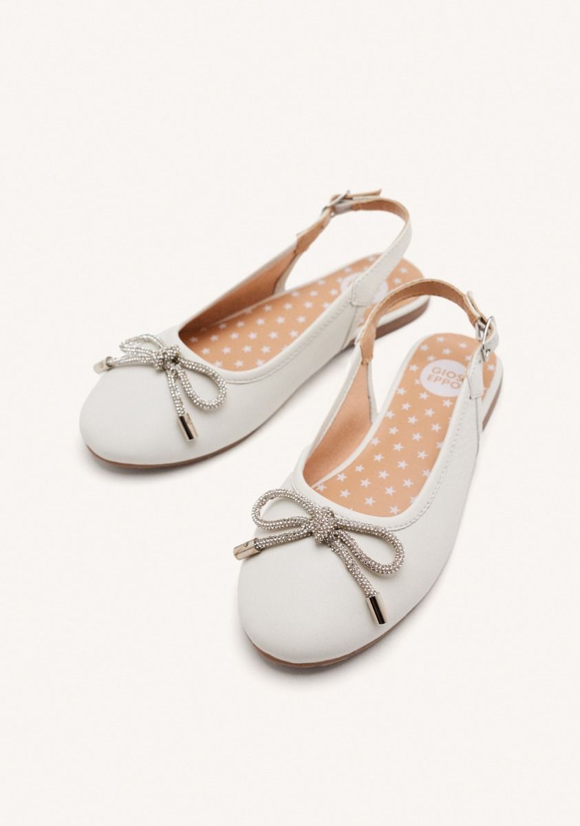 Elegant White Leather Ballet Flats with Bow, Adjustable Heel, and Padded Insole