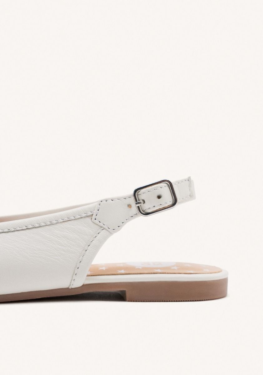 Elegant White Leather Ballet Flats with Bow, Adjustable Heel, and Padded Insole