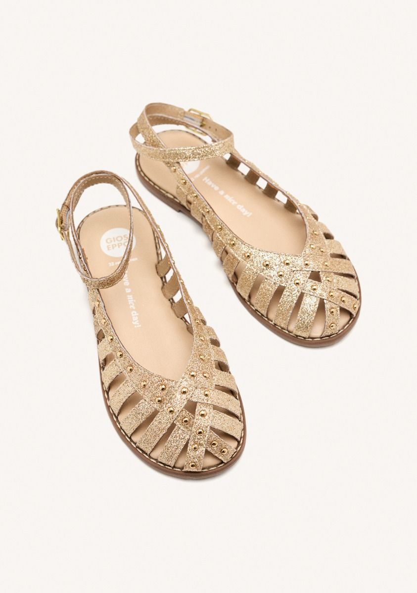 Sparkling Platinum Leather Closed Sandals with Studs and Ankle Closure