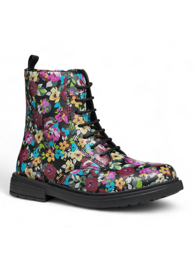 Geox J Eclair Kids' Black Multi-Color Floral Ankle Boots with Zip Closure