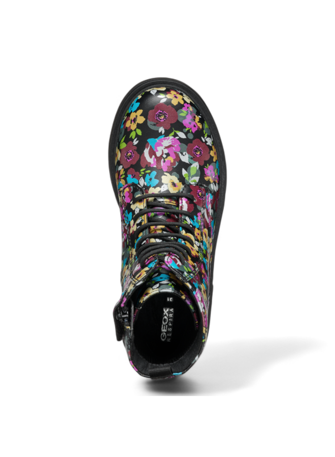 Geox J Eclair Kids' Black Multi-Color Floral Ankle Boots with Zip Closure