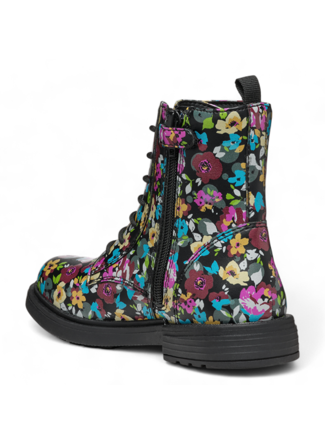 Geox J Eclair Kids' Black Multi-Color Floral Ankle Boots with Zip Closure