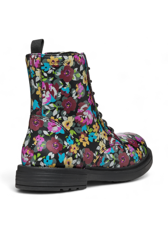 Geox J Eclair Kids' Black Multi-Color Floral Ankle Boots with Zip Closure