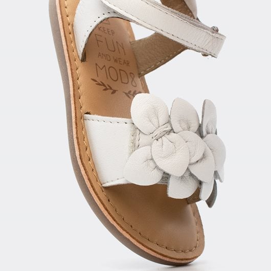 Mod8 Cloknot Girls' White Leather Sandals with Adjustable Ankle Velcro