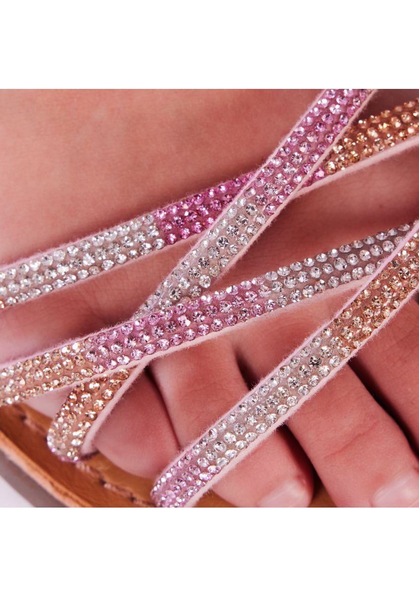 Lixy Girls' Pink Leather Sandals with Colorful Crystal Embellishments