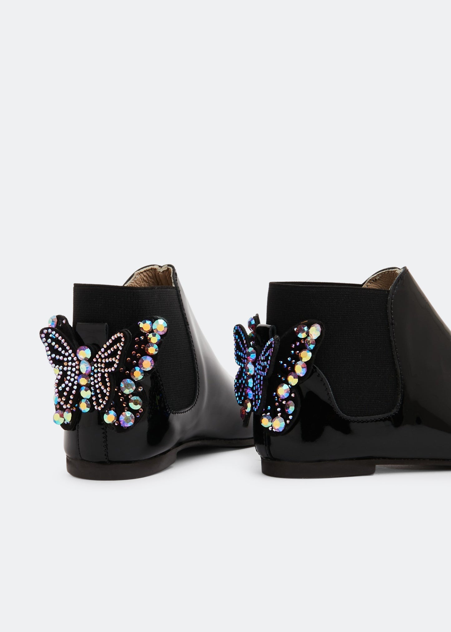 Babywalker Kids Black Patent Leather Butterfly Chelsea Boots with Sparkling Crystals