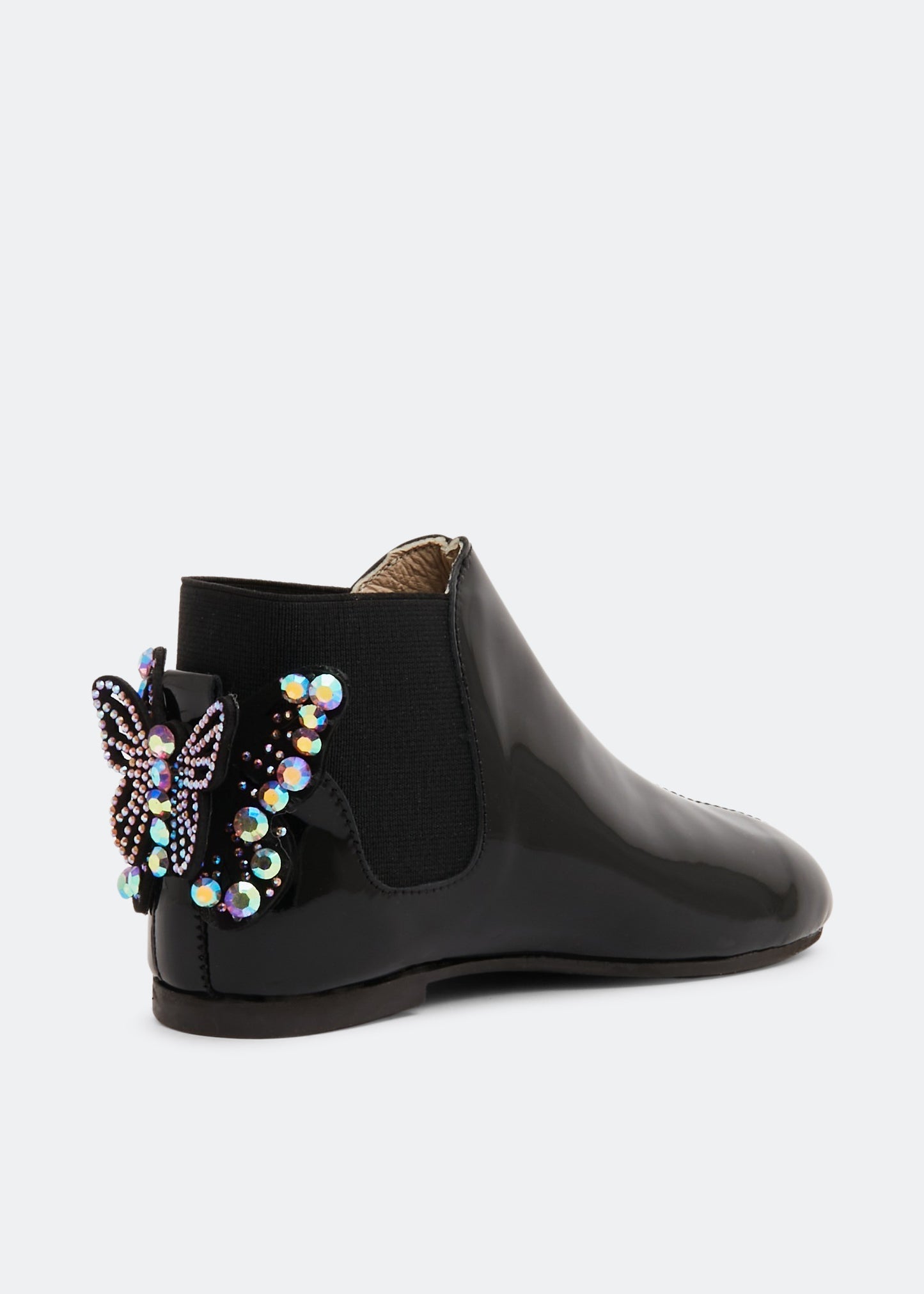 Babywalker Kids Black Patent Leather Butterfly Chelsea Boots with Sparkling Crystals