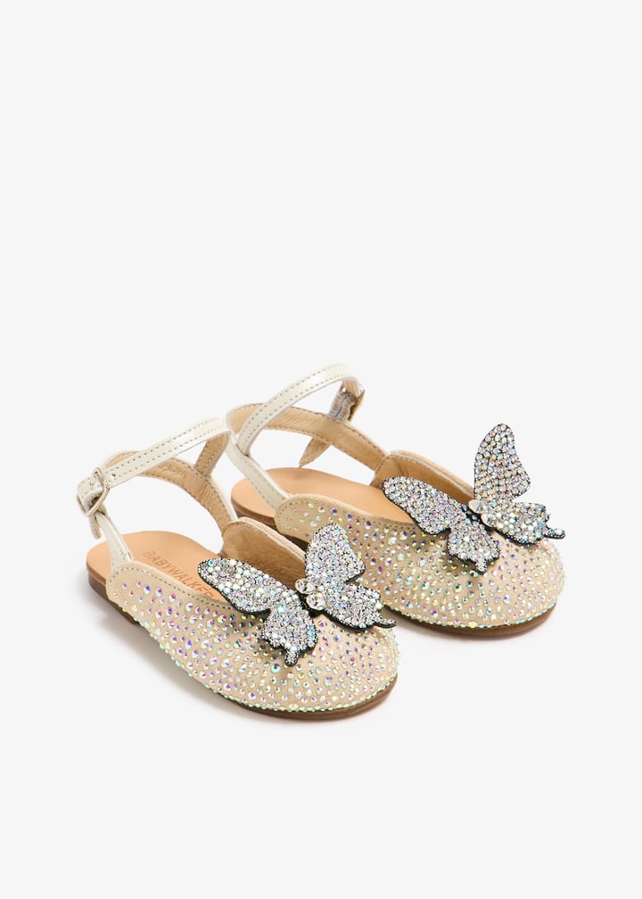 Babywalker Girls' Sparkling Beige Suede Butterfly Ballerinas with Crystal Embellishments