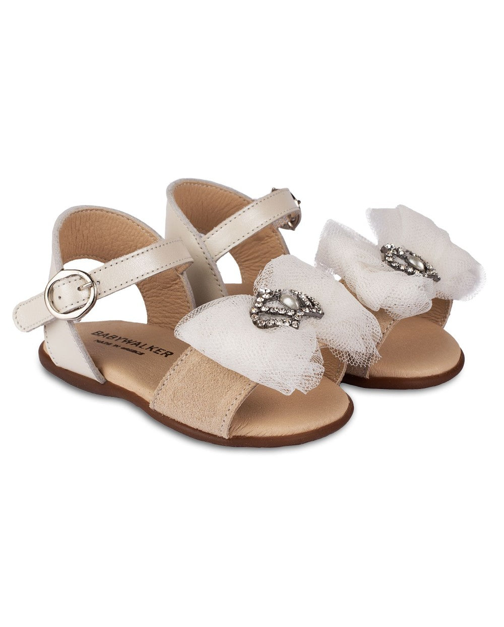 Elegant Ecru Baby Girl Baptism Sandals with Tulle Bow Crown Embellishments (Pri.2613)