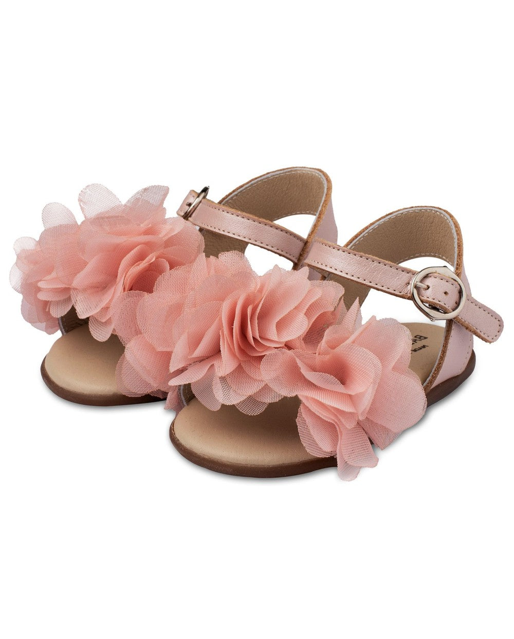Elegant Leather Girl's Baptism Sandals with Pink Floral Embellishments Pri.2598