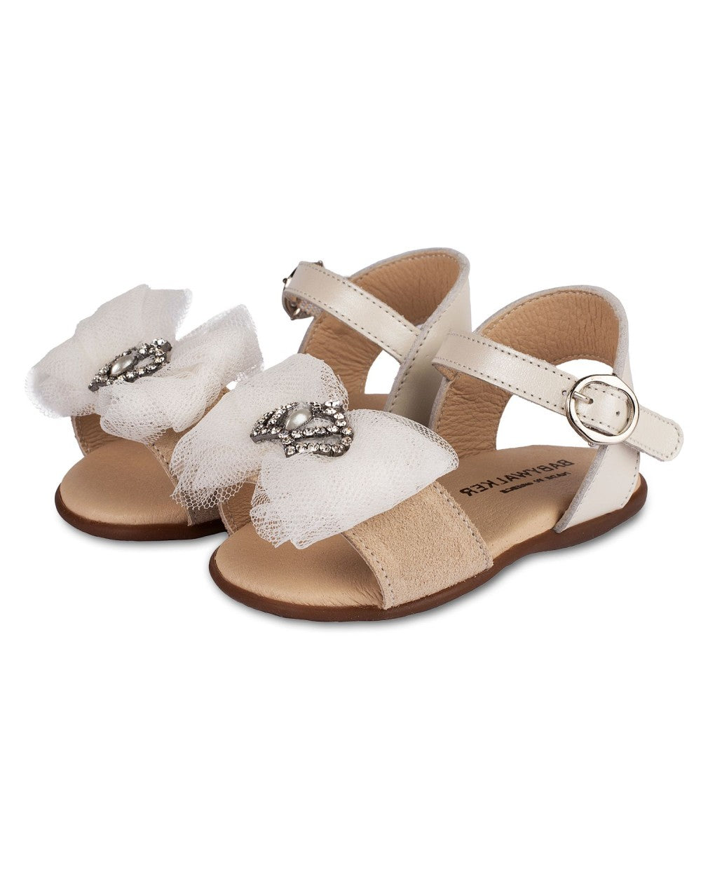 Elegant Ecru Baby Girl Baptism Sandals with Tulle Bow Crown Embellishments (Pri.2613)