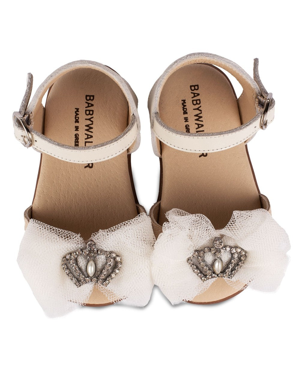 Elegant Ecru Baby Girl Baptism Sandals with Tulle Bow Crown Embellishments (Pri.2613)