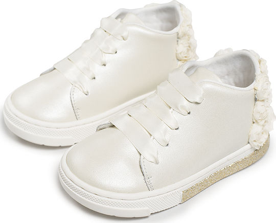 Babywalker White Baptism Leather Sneakers BW4697 with Chiffon Flowers