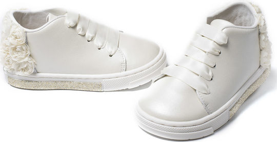 Babywalker White Baptism Leather Sneakers BW4697 with Chiffon Flowers