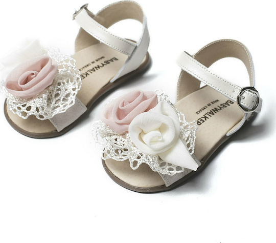 Babywalker Ecru-Rose Leather Baptism Sandals with Elegant Floral Lace Detail