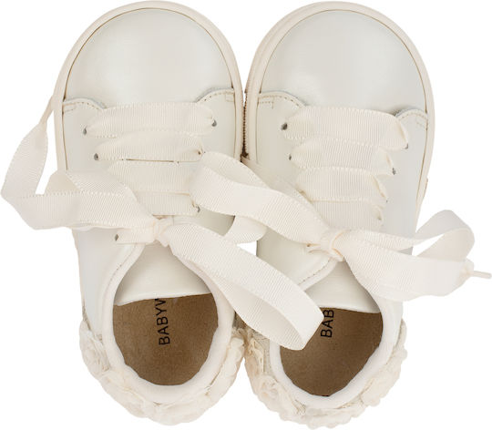 Babywalker White Baptism Leather Sneakers BW4697 with Chiffon Flowers