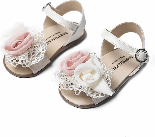 Babywalker Ecru-Rose Leather Baptism Sandals with Elegant Floral Lace Detail