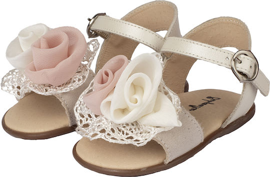 Babywalker Ecru-Rose Leather Baptism Sandals with Elegant Floral Lace Detail