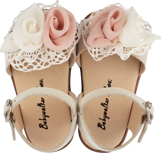 Babywalker Ecru-Rose Leather Baptism Sandals with Elegant Floral Lace Detail