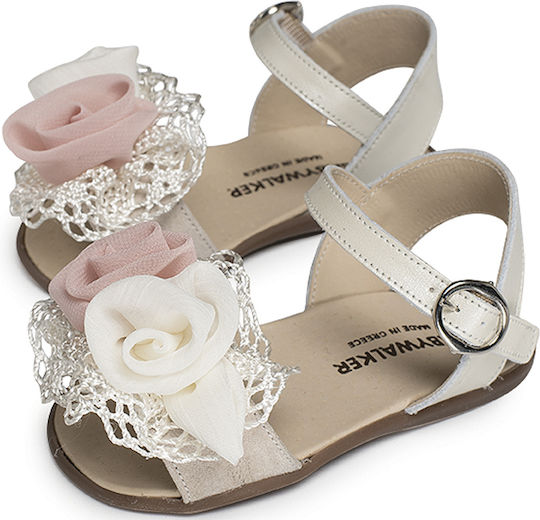 Babywalker Ecru-Rose Leather Baptism Sandals with Elegant Floral Lace Detail