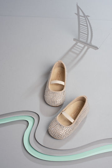 Babywalker LU.6098 Ecru Leather Baptism Ballerina Pumps with Swarovski Rhinestones