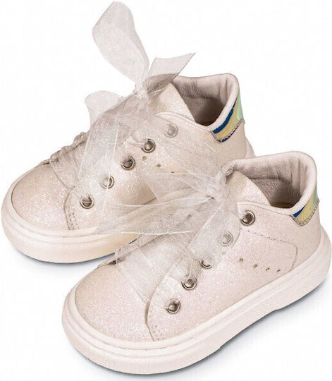 Babywalker White Glitter Fabric Christening Sneakers with Organza Ribbon Laces
