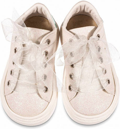 Babywalker White Glitter Fabric Christening Sneakers with Organza Ribbon Laces