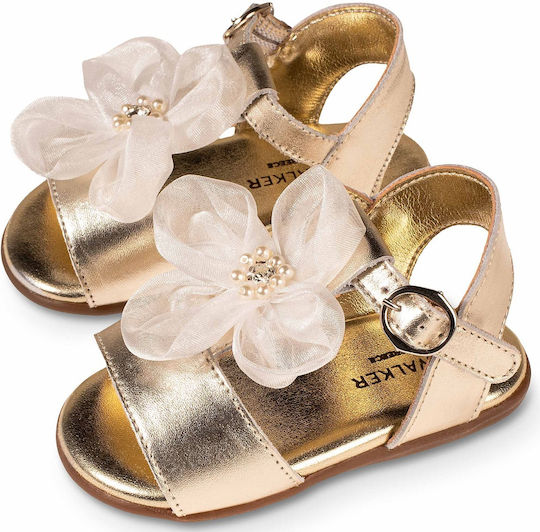 Babywalker Gold-Ecru Baptism Leather Sandals with Flower and Pearls