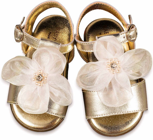 Babywalker Gold-Ecru Baptism Leather Sandals with Flower and Pearls