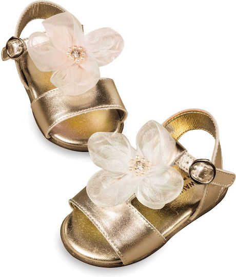 Babywalker Gold-Ecru Baptism Leather Sandals with Flower and Pearls