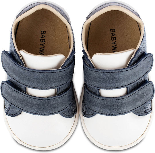 Premium Babywalker Blue Leather Baptism Sneakers with Velcro Straps for Boys