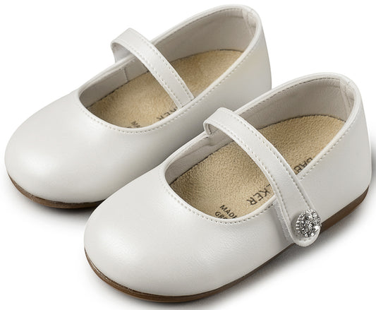 Babywalker Girls' White Leather Christening Ballerinas with Rhinestone Button, Anatomical Insole