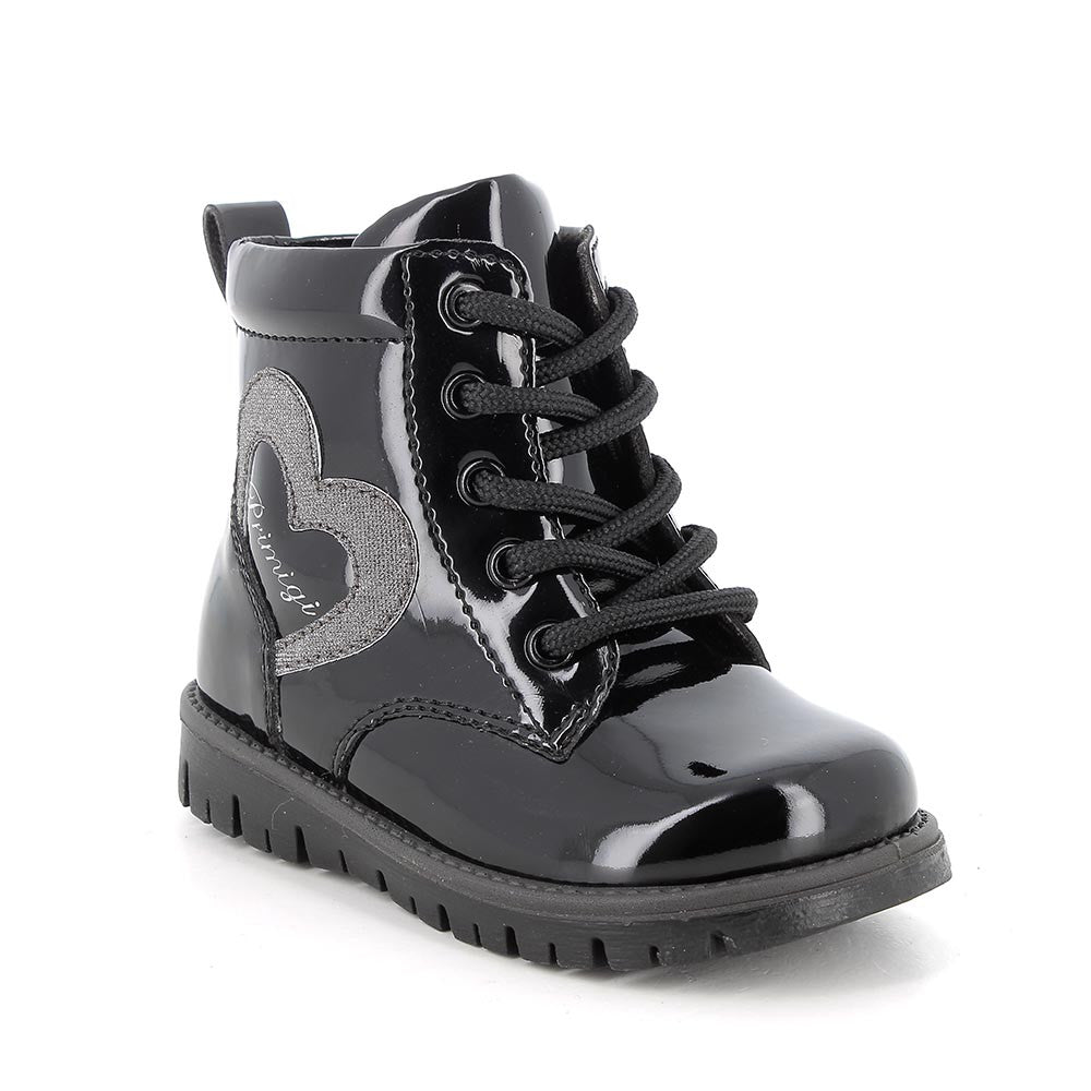 Stylish Girls' Black Patent Leather Combat Boots with Side Zip & Laces