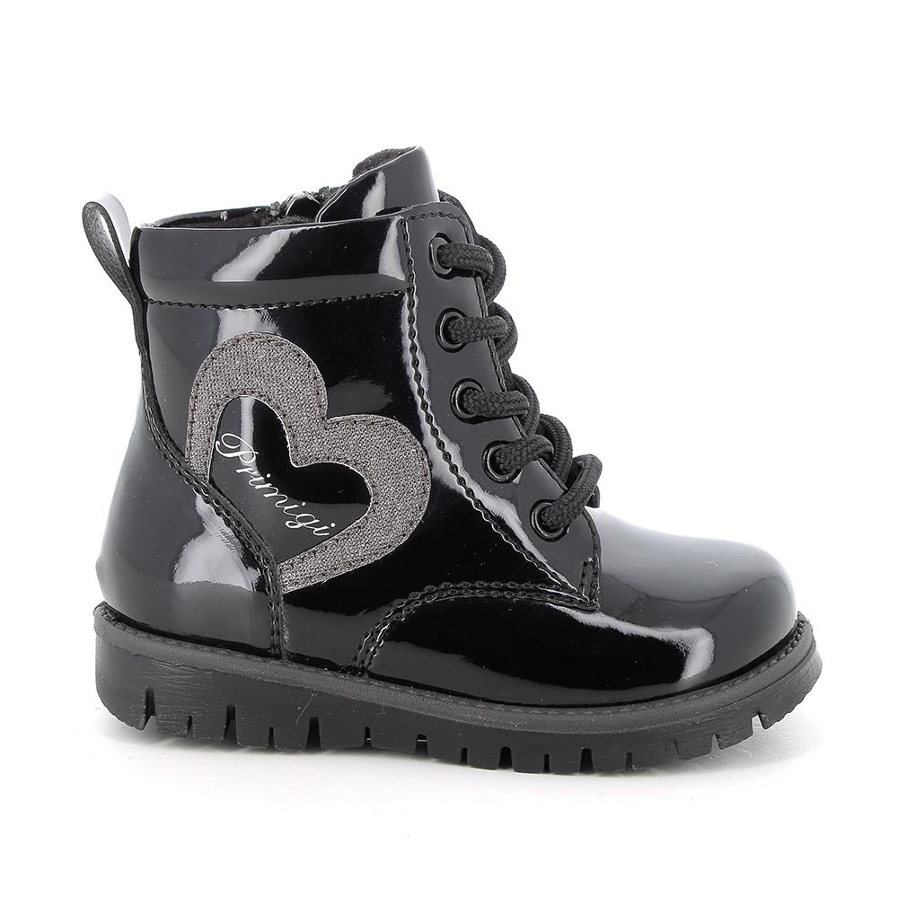 Stylish Girls' Black Patent Leather Combat Boots with Side Zip & Laces