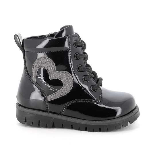 Stylish Girls' Black Patent Leather Combat Boots with Side Zip & Laces