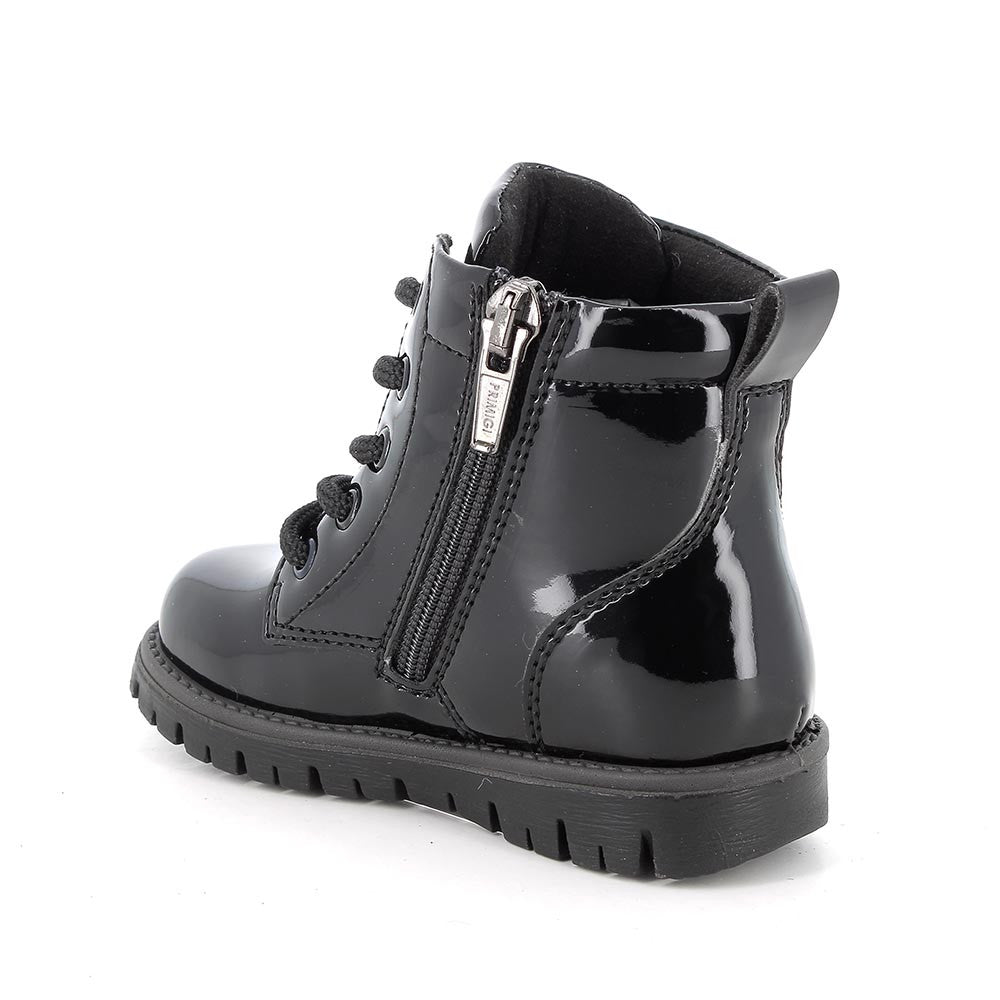 Stylish Girls' Black Patent Leather Combat Boots with Side Zip & Laces