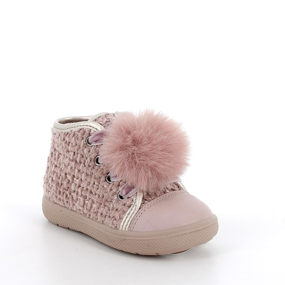 Girls' Pink Velvet Leather Zip-Up Shoes with Plush Pom-Pom Charm