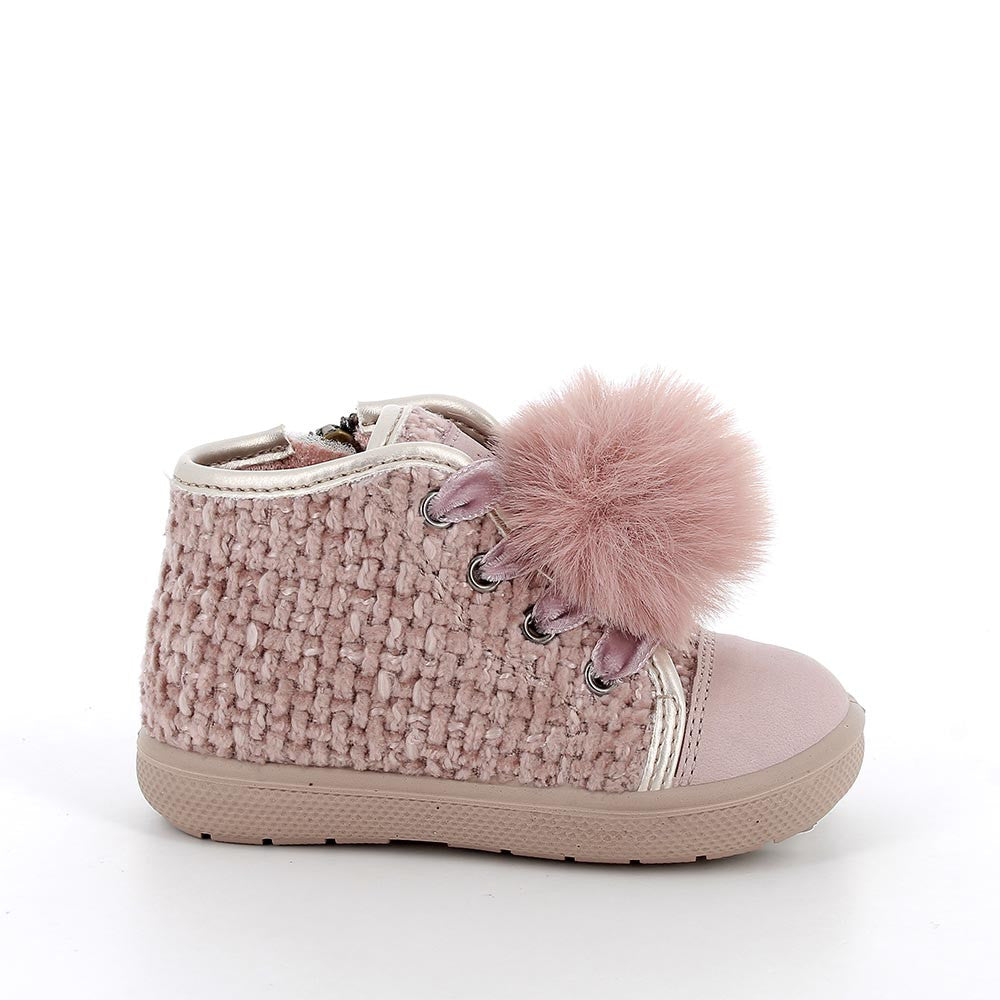 Girls' Pink Velvet Leather Zip-Up Shoes with Plush Pom-Pom Charm