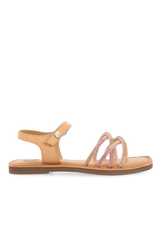 Lixy Girls' Pink Leather Sandals with Colorful Crystal Embellishments