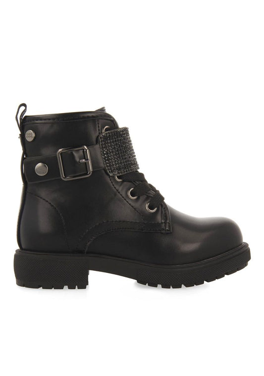 Roskilde Black Military-Style Boots with Removable Rhinestone Strap for Kids